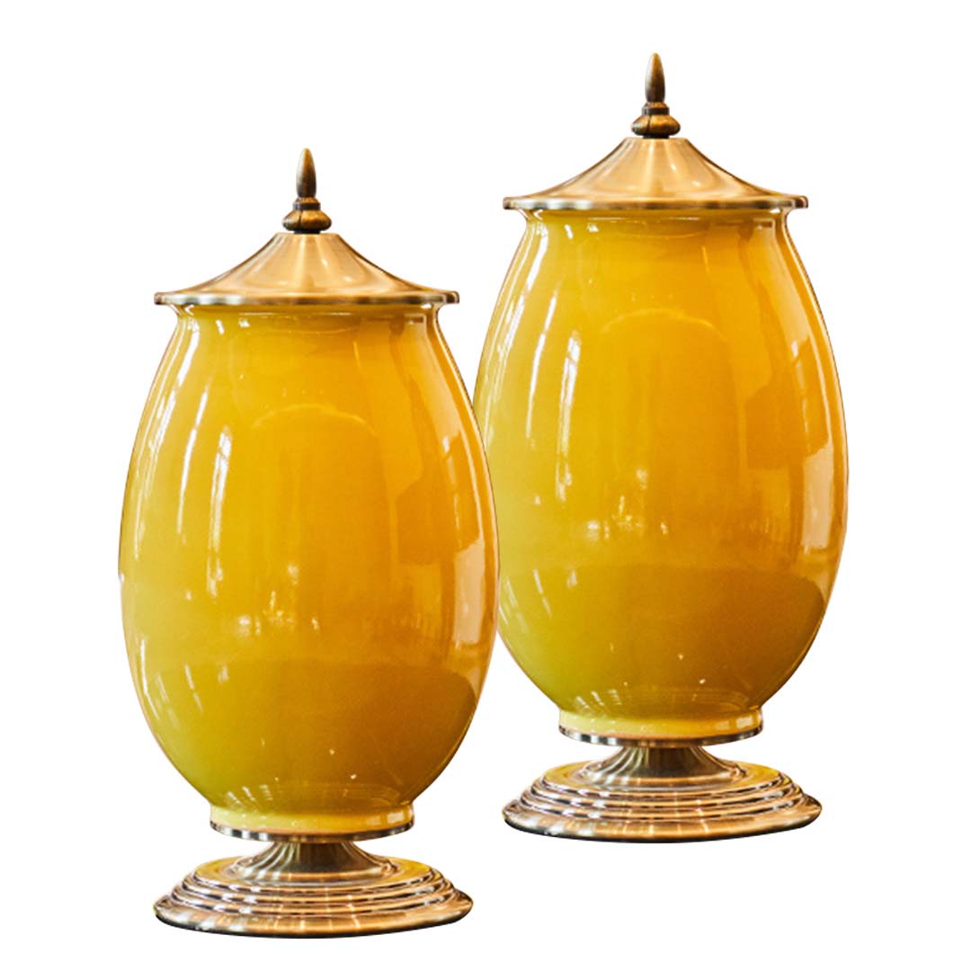 SOGA 2X 40cm Ceramic Oval Flower Vase with Gold Metal Base Yellow
