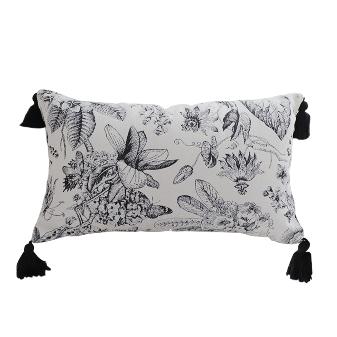 SOGA 35cm Throw Pillow Black and White Floral Print Elegant with Tassel Accents Home Decor
