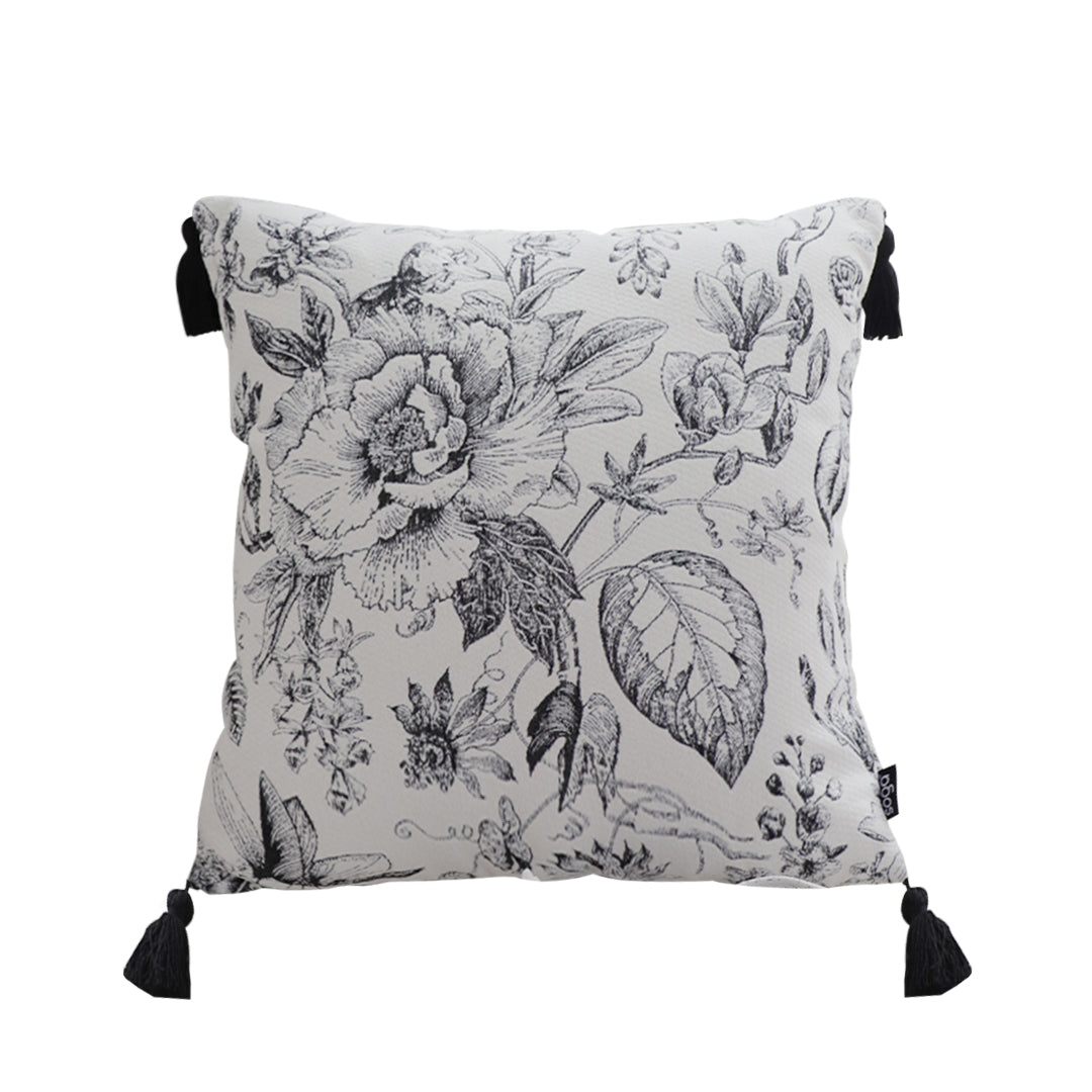 SOGA 50cm Throw Pillow Black and White Elegant Floral Print with Tassel Accents Home Decor