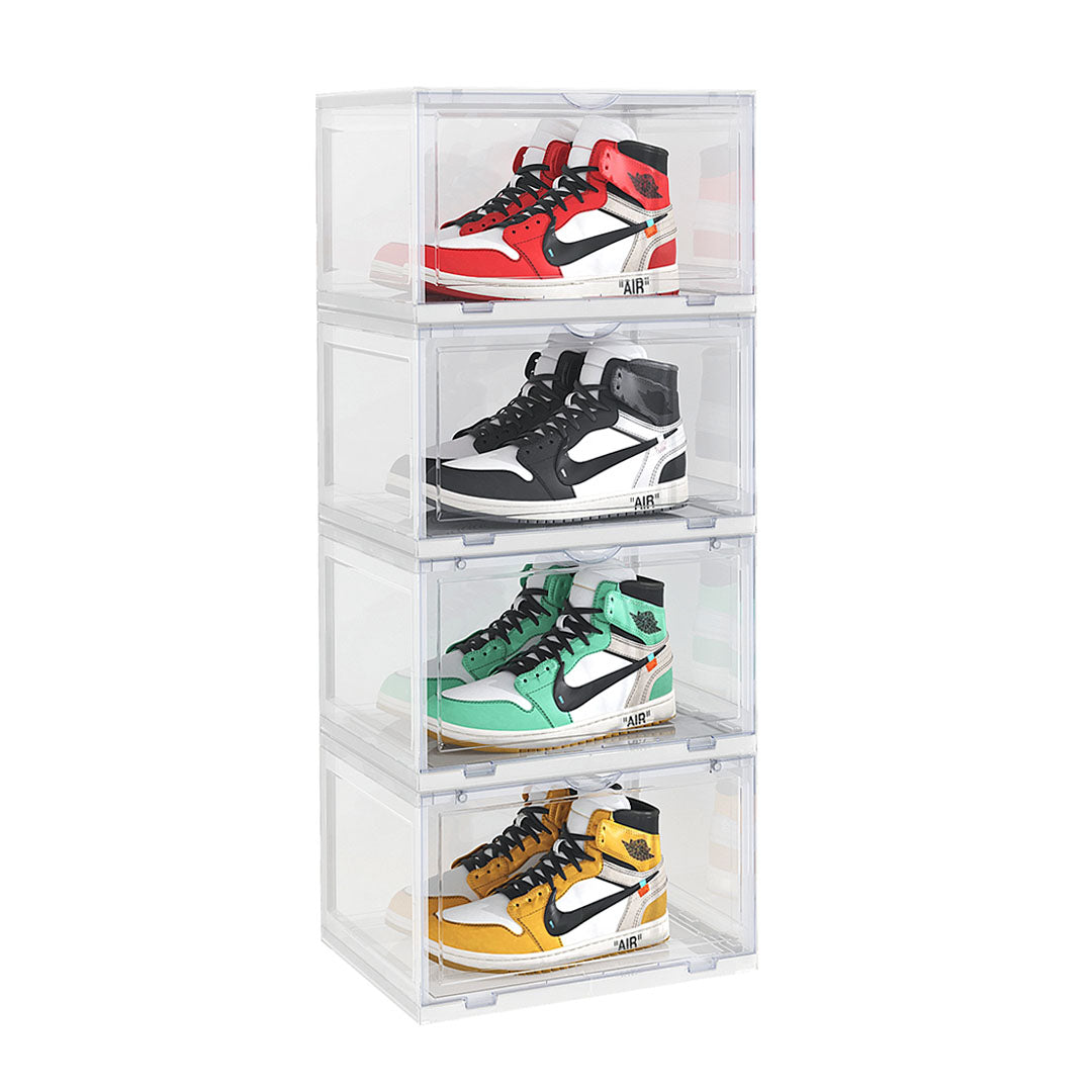 SOGA 4 Tier Transparent Portable Shoe Organiser Sneaker Footwear Folding Plastic Bin Stackable Storage Box with Magnetic Door