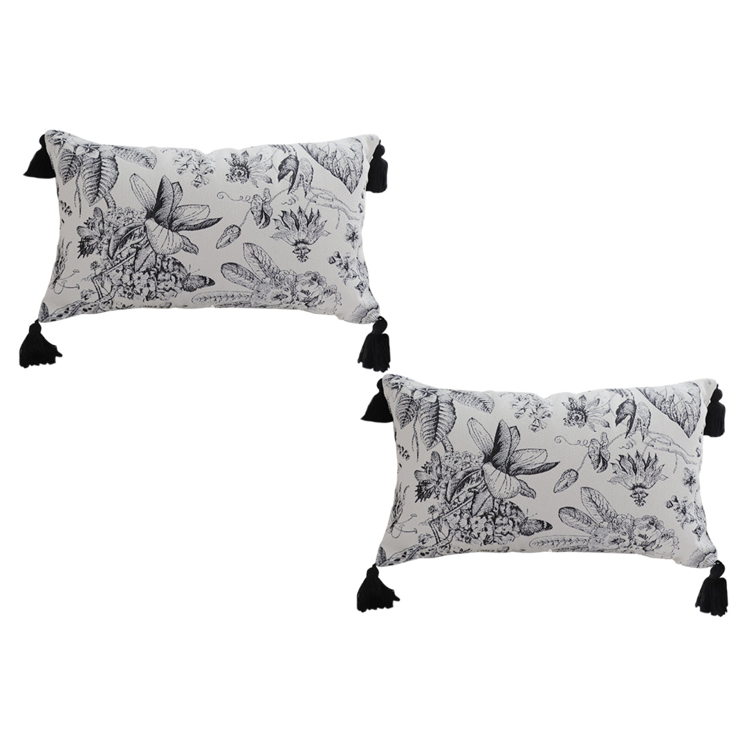 SOGA 2X 35cm Throw Pillow Black and White Floral Print Elegant with Tassel Accents Home Decor