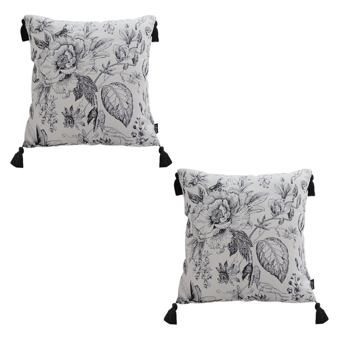 SOGA 2X 50cm Throw Pillow Black and White Elegant Floral Print with Tassel Accents Home Decor