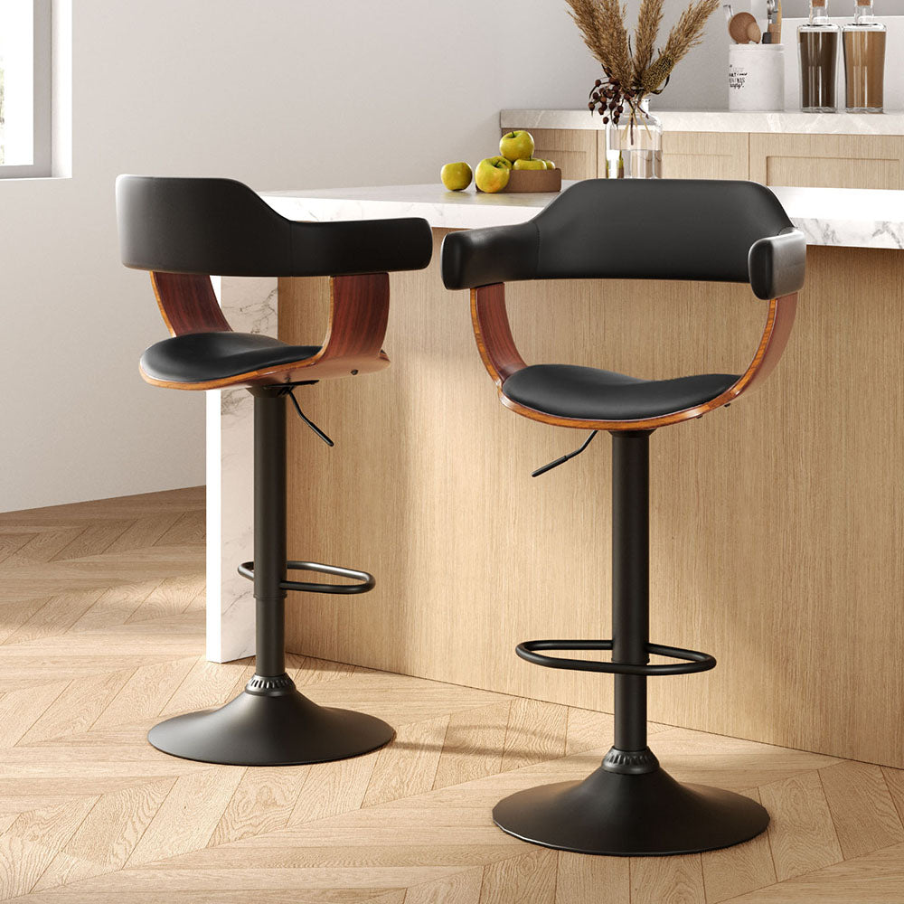 Artiss 2x Bar Stools Gas Lift Leather w/Armrest All Black
