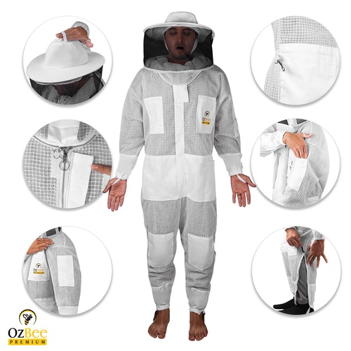 OZBee Premium Full Suit 3 Layer Mesh Ultra Cool Ventilated Round Head Beekeeping Protective Gear Size XL