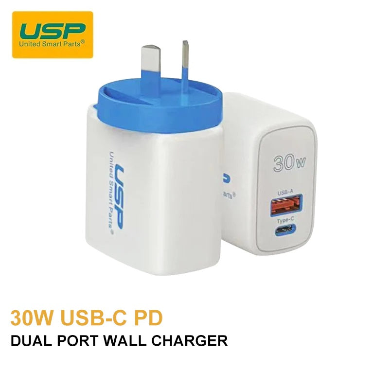 USP 30W Dual Port (USB-A + USB-C) PD Fast Wall Charger - (6972475750633), PD + QC3.0 Fast & Safe Charge, Compact, Travel