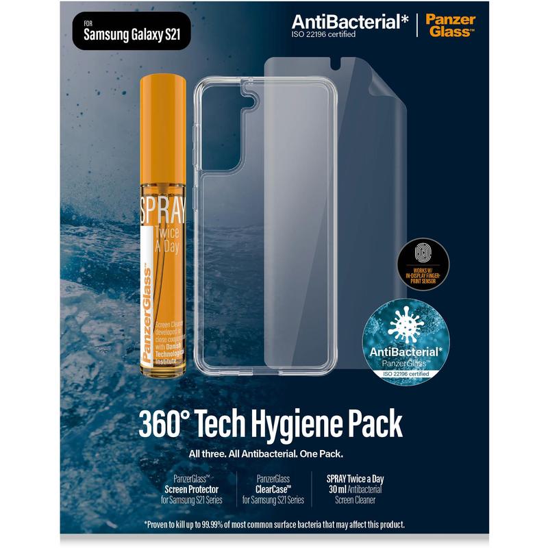 PANZER GLASS Hygiene Pack - Case, Screen Protector & Spray - For Samsung Galaxy S21 - Full Frame Coverage, Rounded Edges