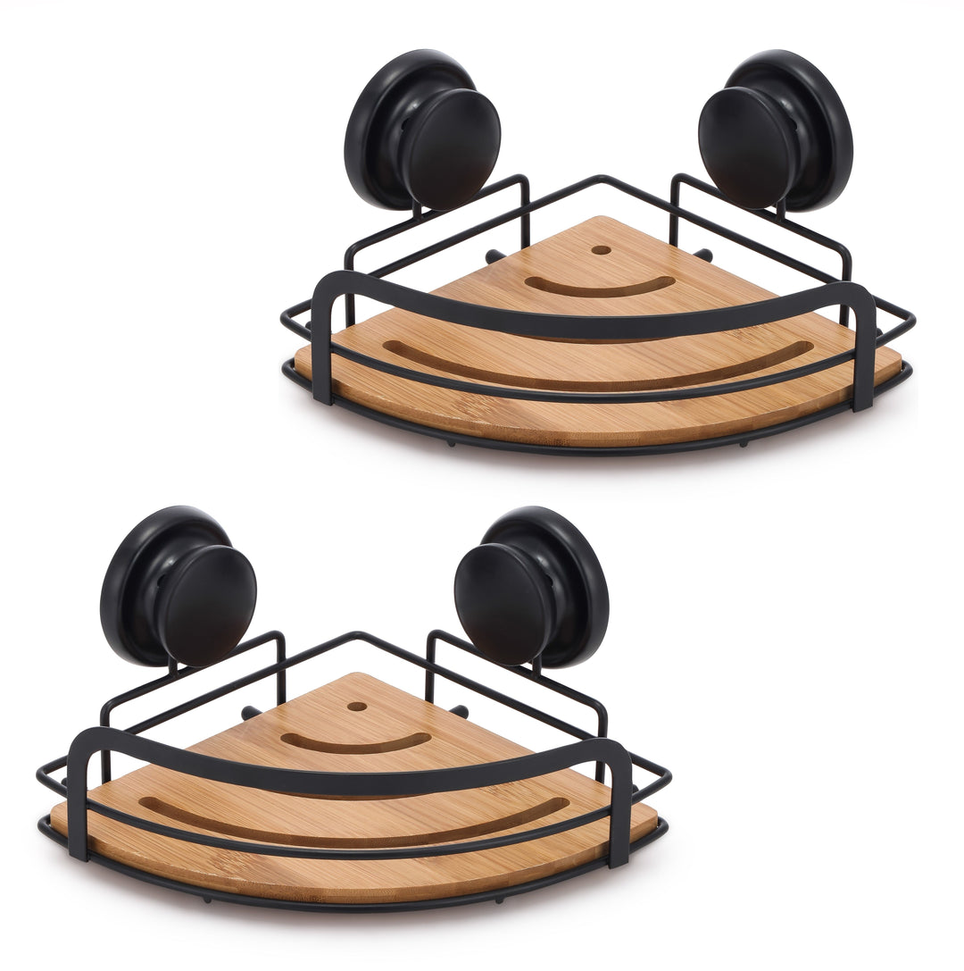 2 Pack Round Bamboo Corner Shower Caddy Shelf Basket Rack with Premium Vacuum Suction Cup No-Drilling for Bathroom and K