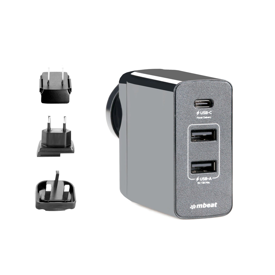 mbeat Gorilla Power 3-Port USB-C Power Delivery (PD) World Travel Charger (USB-C x 1, USB-A x 2) with Interchangeable Pl