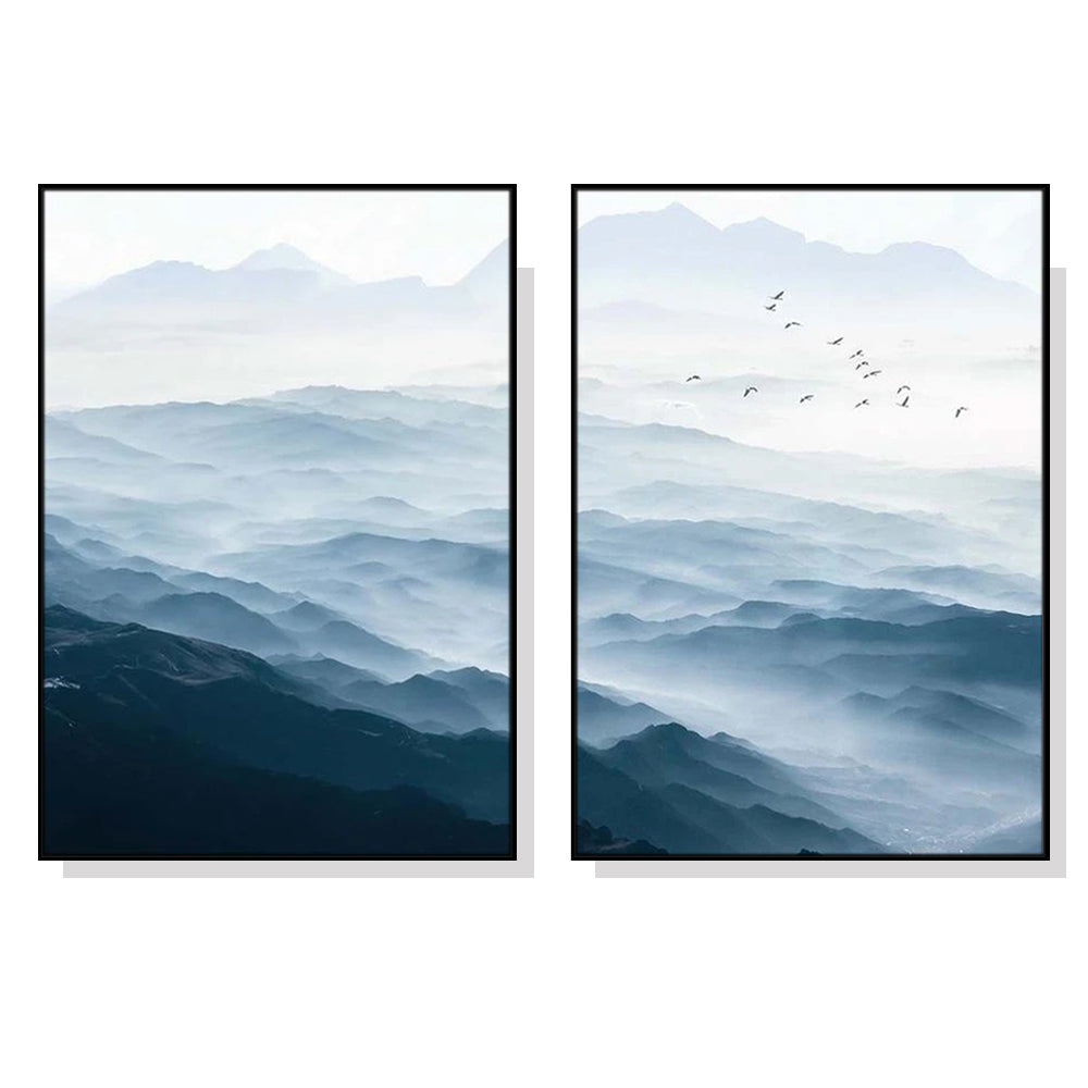 Wall Art 60cmx90cm Blue mountains 2 Sets Black Frame Canvas