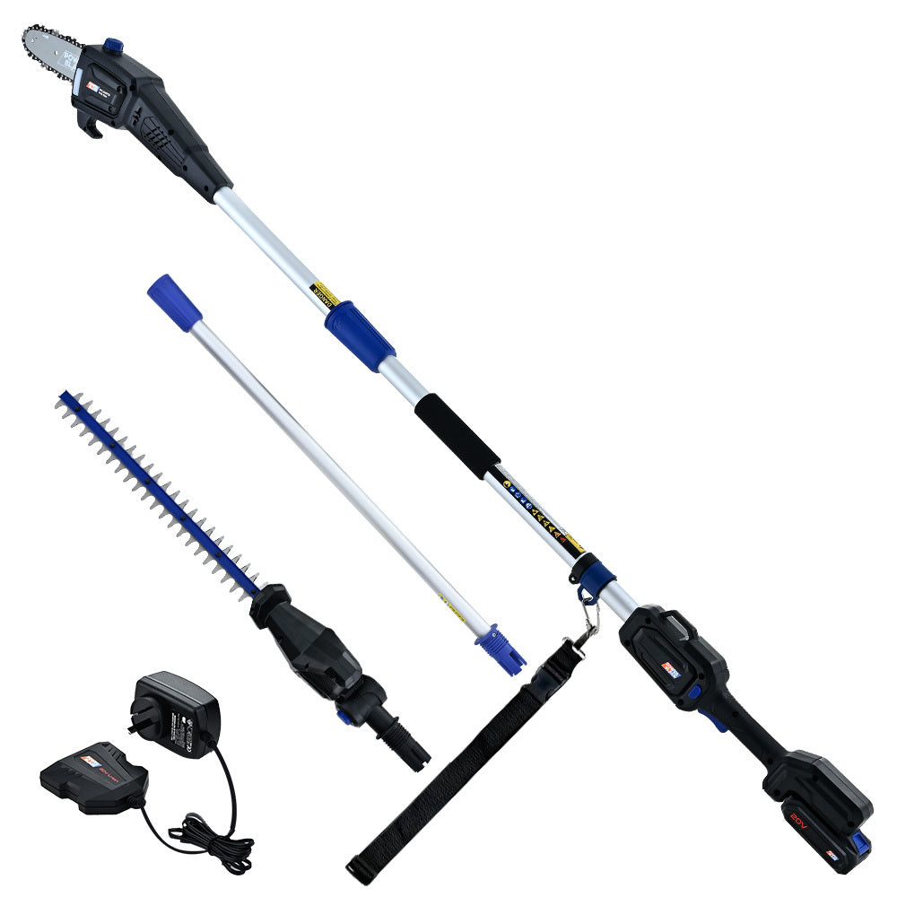 POWERBLADE 20V Cordless Pole Saw & Hedge Trimmer Combo, 8" Chainsaw Pruner & 20" Hedger, Telescopic Handle, Battery and