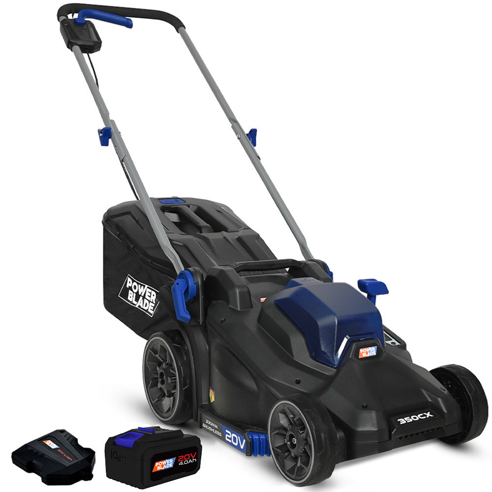POWERBLADE 350CX 20V 13" Cordless Lawn Mower Kit, Fast Charger, 4Ah Battery, 5 Height, Brushless Electric, 330mm Cutting