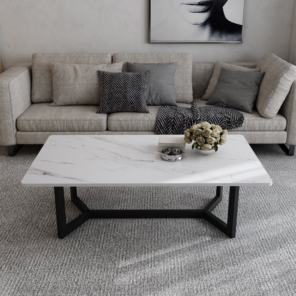 120x60cm Glossy White Minimalist Slate Coffee Table Marble Tea Table Living Room Rectangle Cocktail Side Table Solid Met