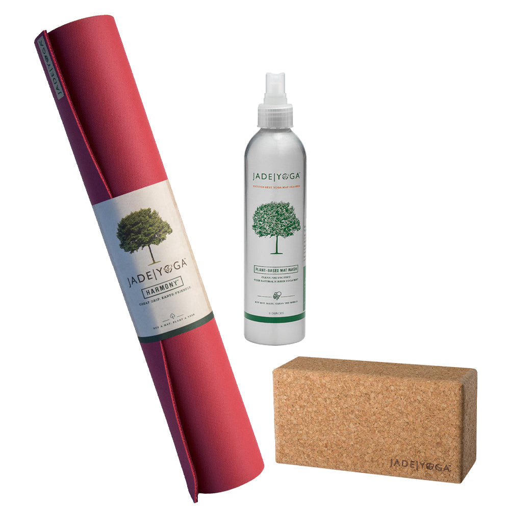 Jade Yoga Harmony Mat - Raspberry & Jade Yoga Cork Yoga Block - Small + Jade Yoga Plant Based Mat Wash - 8 oz Starter Ki