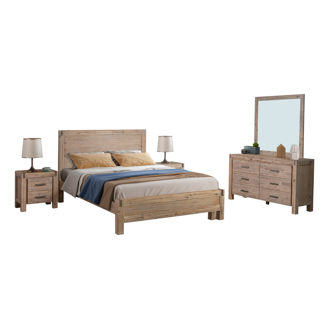 4 Pieces Bedroom Suite in Solid Wood Veneered Acacia Construction Timber Slat Queen Size Oak Colour Bed, Bedside Table &