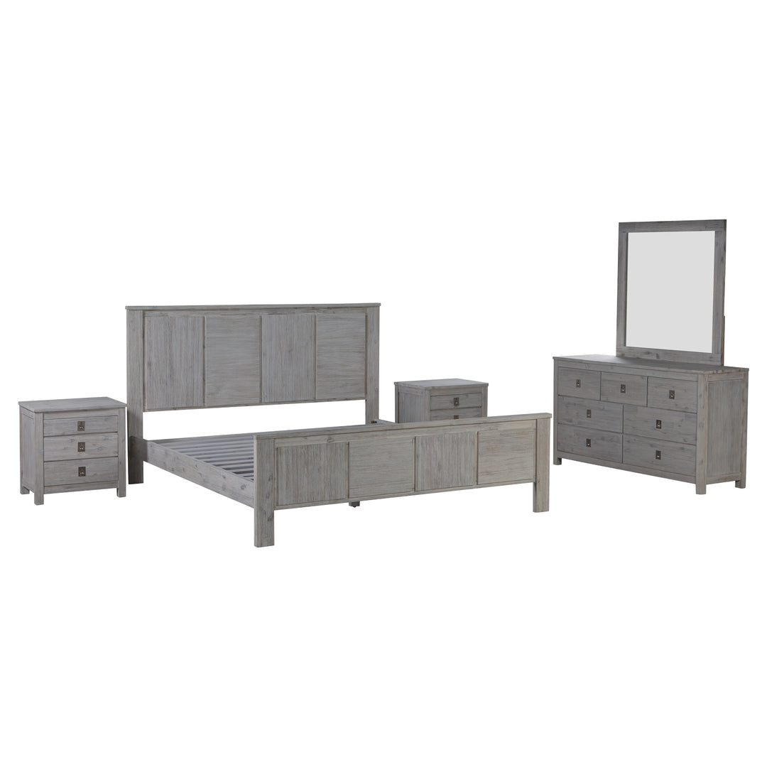 4 Pieces Bedroom Suite with Solid Acacia Wood Veneered Construction in King Size White Ash Colour Bed, Bedside Table & D