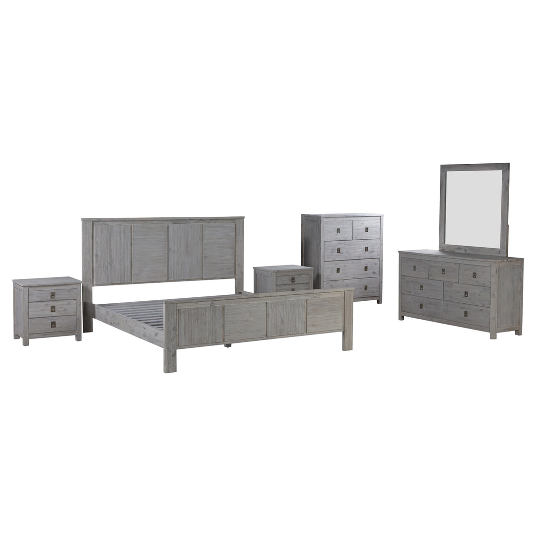 5 Pieces Bedroom Suite with Solid Acacia Wood Veneered Construction in Queen Size White Ash Colour Bed, Bedside Table ,