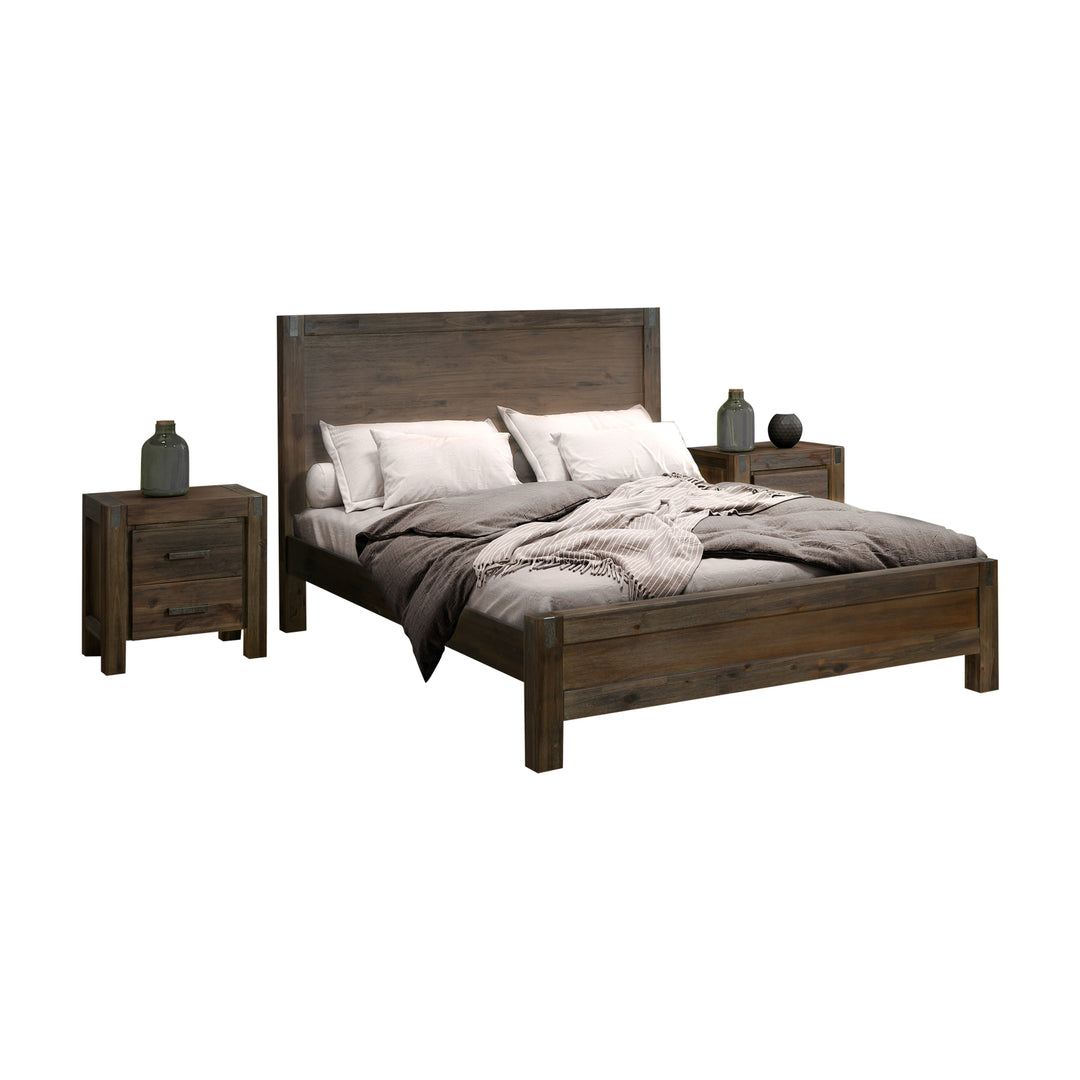 5 Pieces Bedroom Suite in Solid Wood Veneered Acacia Construction Timber Slat Double Size Chocolate Colour Bed, Bedside