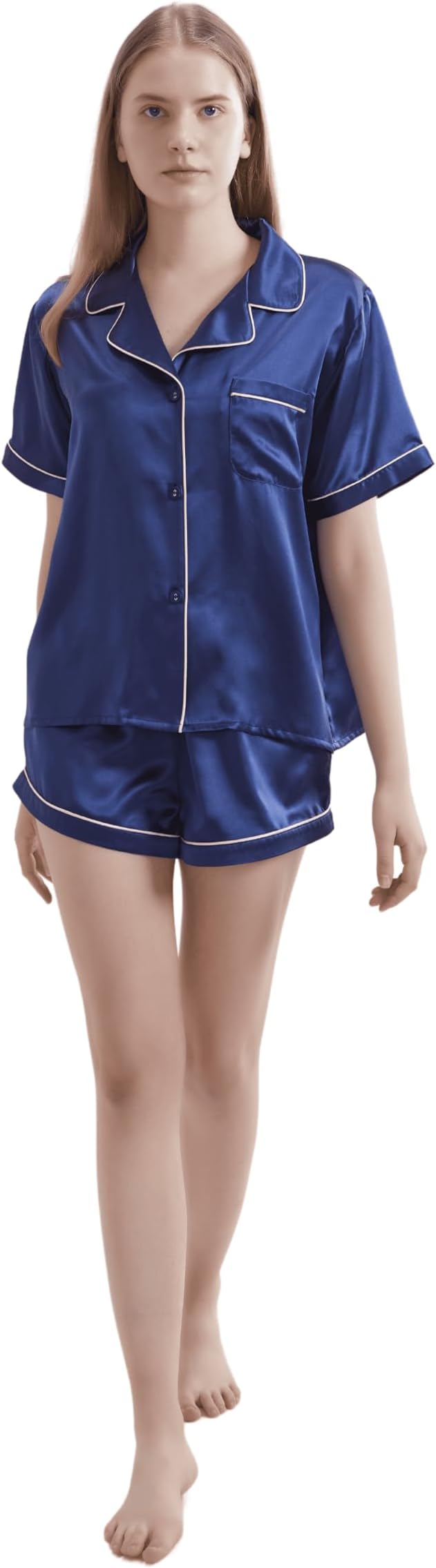 Silk Short Pyjama Set - Navy Blue, Medium - Soft & Luxurious Sleepwear for Relaxation - Breathable Comfort for Restful N