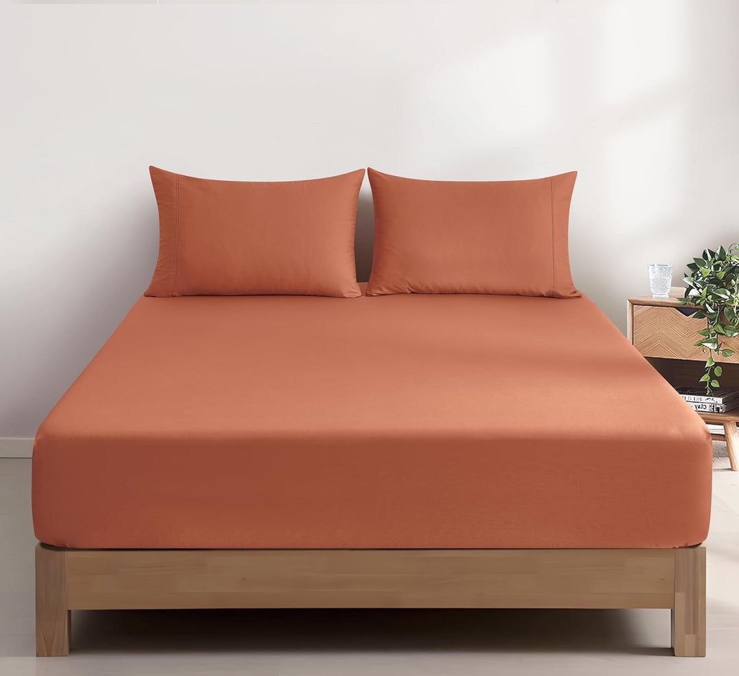 100% Vintage Washed Cotton Fitted Sheet Combo Set – 100% Natural Cotton, Ultra Soft & Breathable – Includes Fitted Sheet & Pillowcases – Machine Washable (Brick, King)