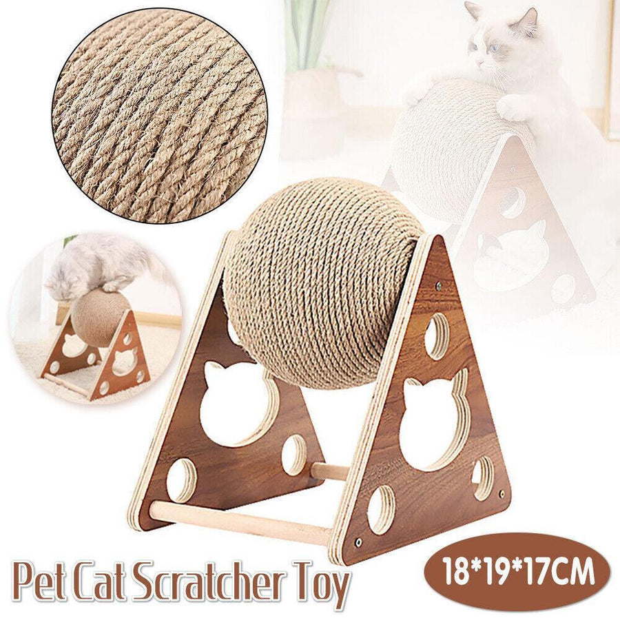 Wooden Cat Scratcher Toy with Rotating Sisal Ball Scratch Post Triangle Frame