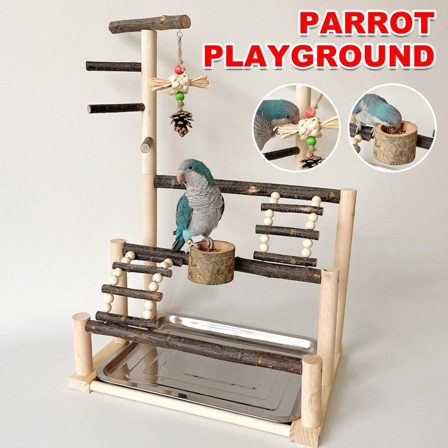 Wooden Parrot Stand Pole Interactive Bird Stand with Food Bowl Climbing Ladder