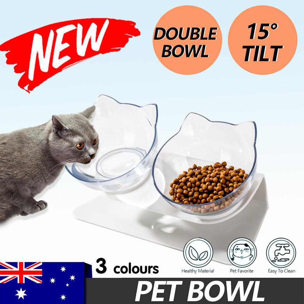Double Cat Bowl Pet Bowls Stand Dog Elevated Feeder Food Water Raised Lifted Au - Black+Black