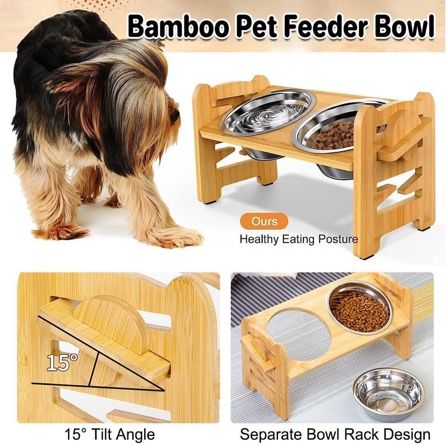 Wood Adjustable Elevated Raised Pet Dog Feeder Stainless Steel Bowl Water Stand