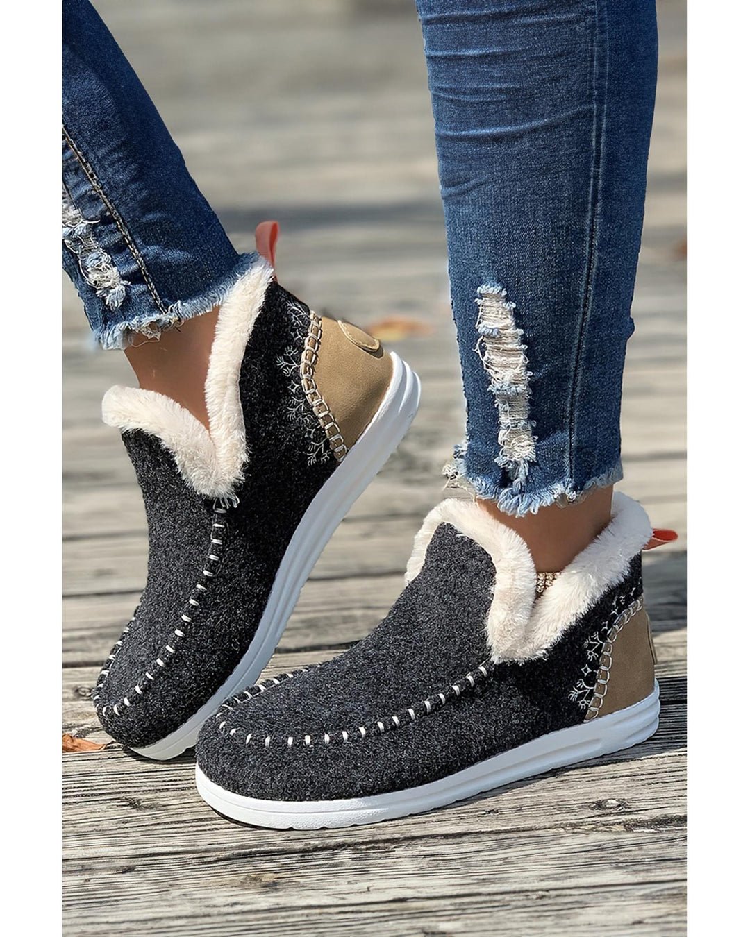 Carbon Grey Suede Stitching Patchwork Plush Lined Anklet Boots - 37 EU
