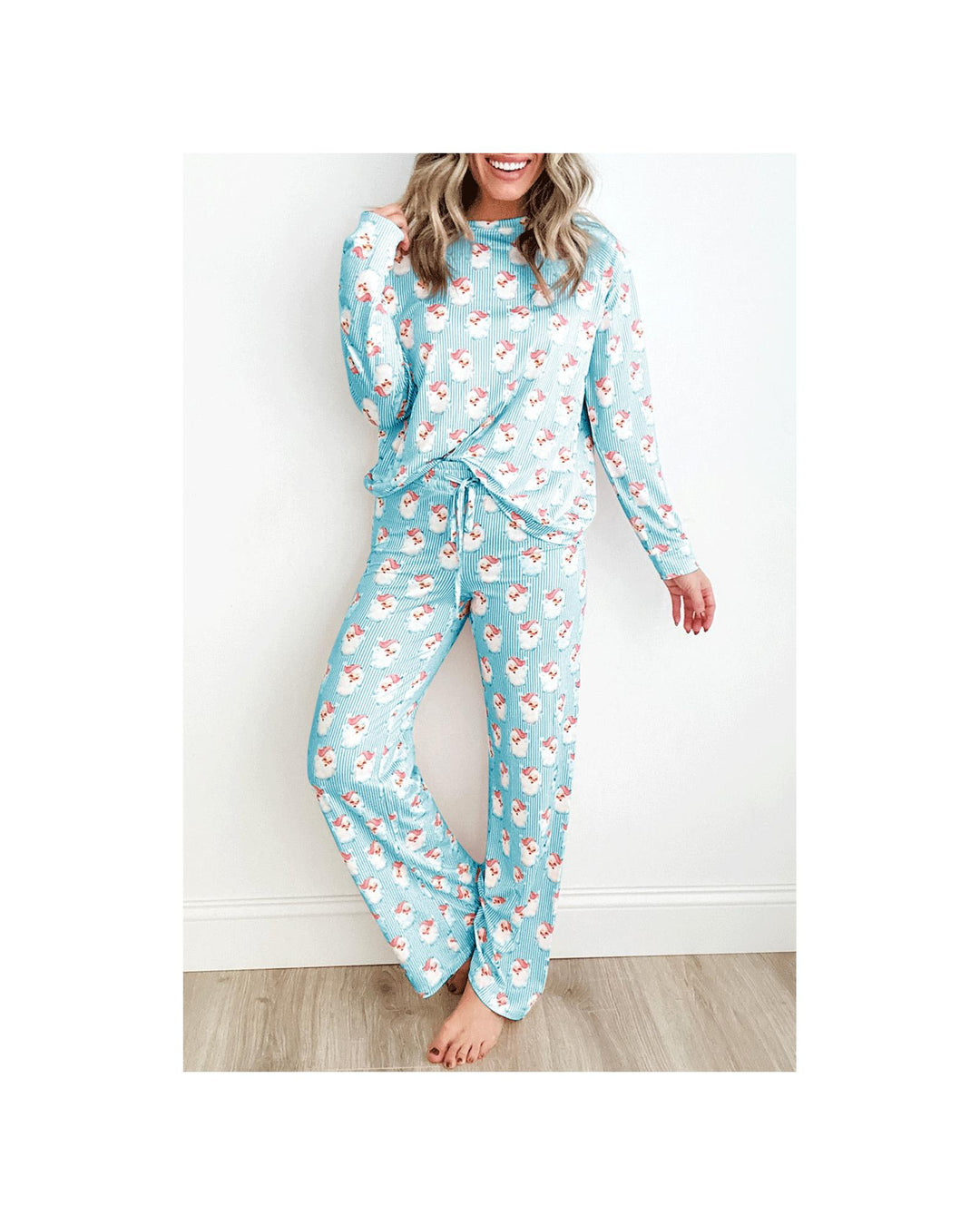 Sky Blue Santa Claus Striped Print Loose Fit Two Piece Lounge Set - XL