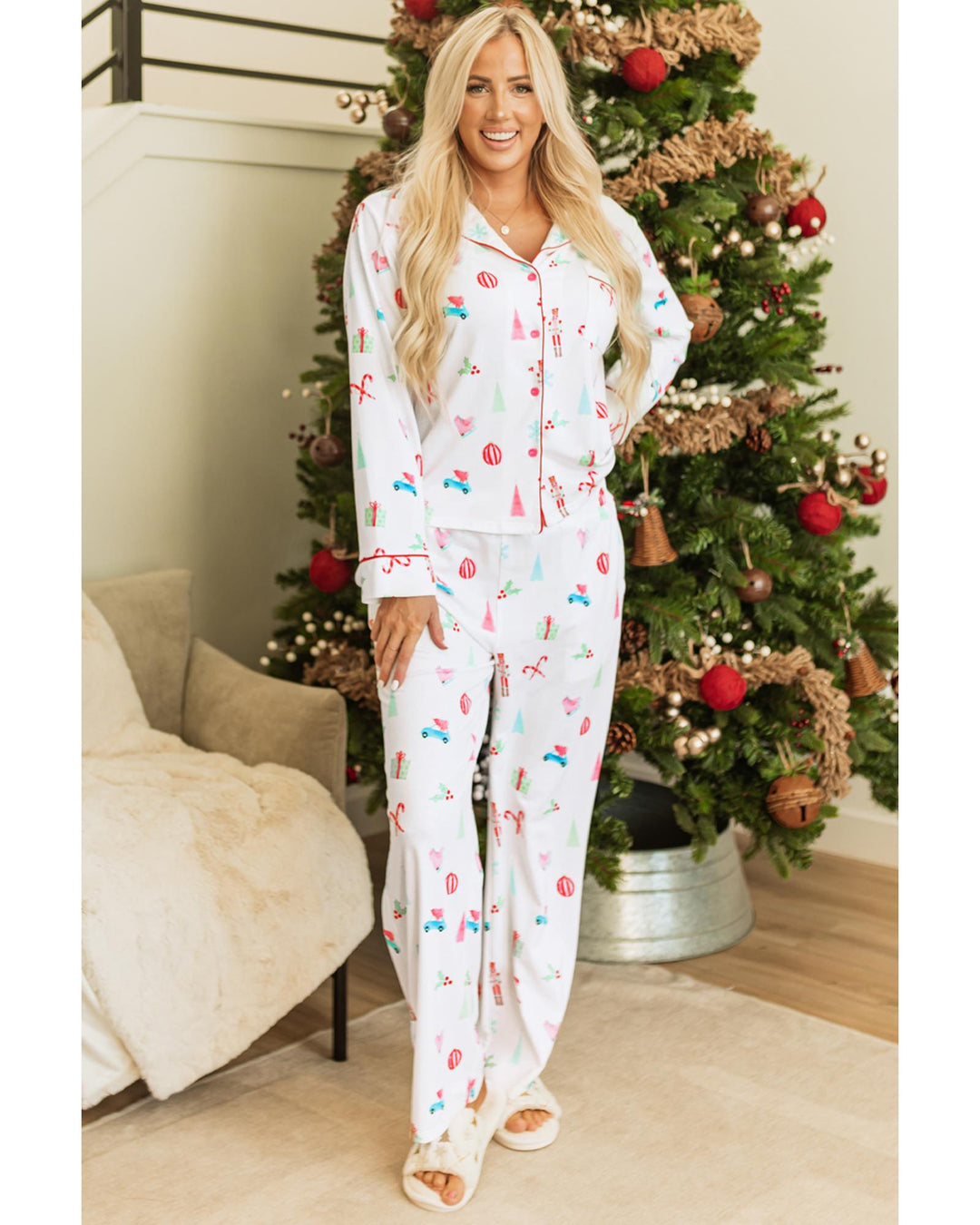 White Christmas Print Lapel Shirt and Pants Sleepwear - M