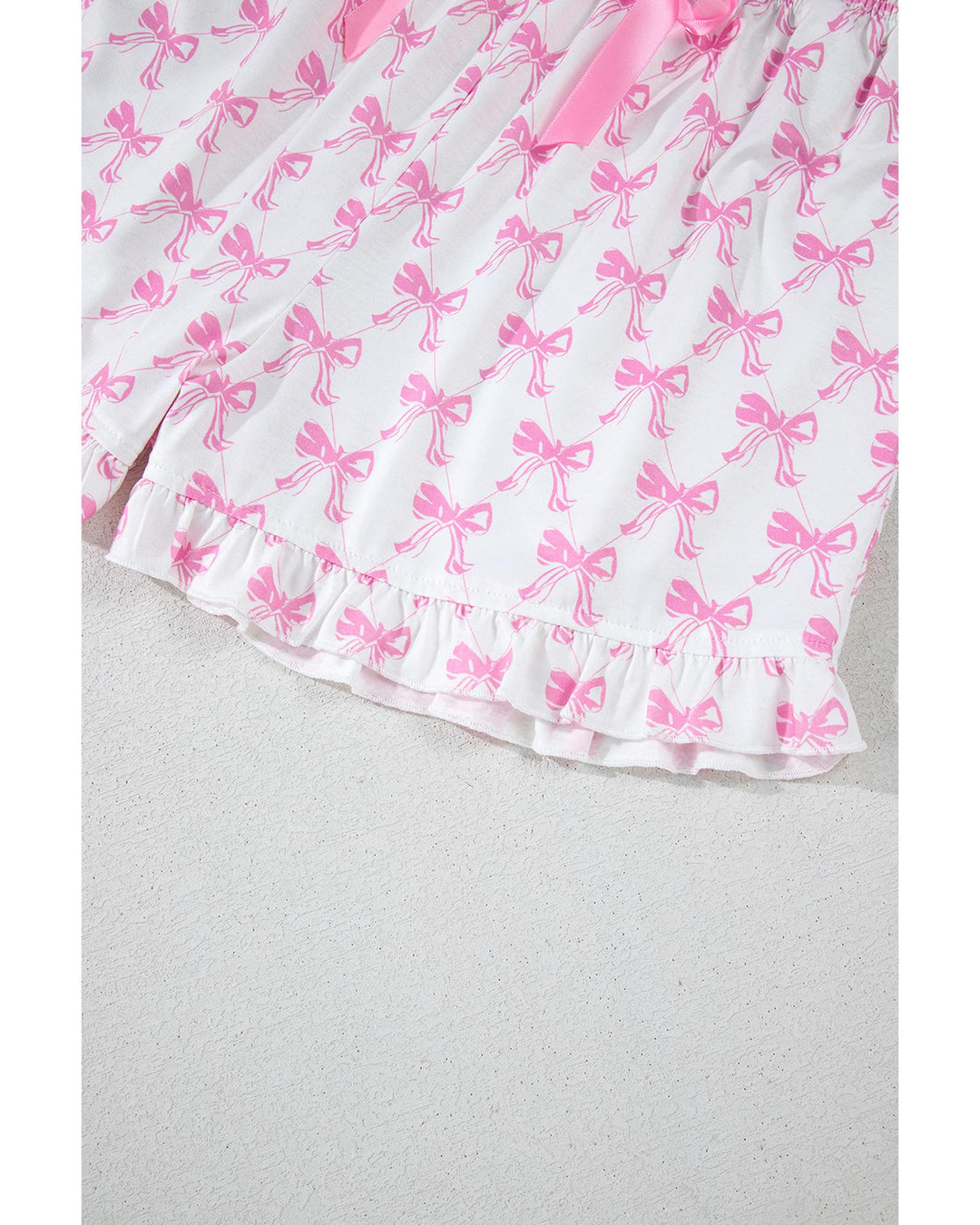 Pink Bowknot Printed Short Sleeve and Ruffled Shorts Valentines Pajama Set - S