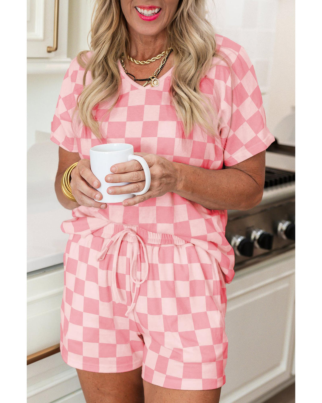 Pink Checkered V Neck Tee Drawstring Shorts Lounge Set - M