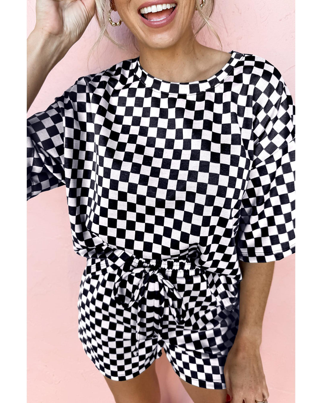 Black Checkered Top and Short Casual 2pcs Set - S