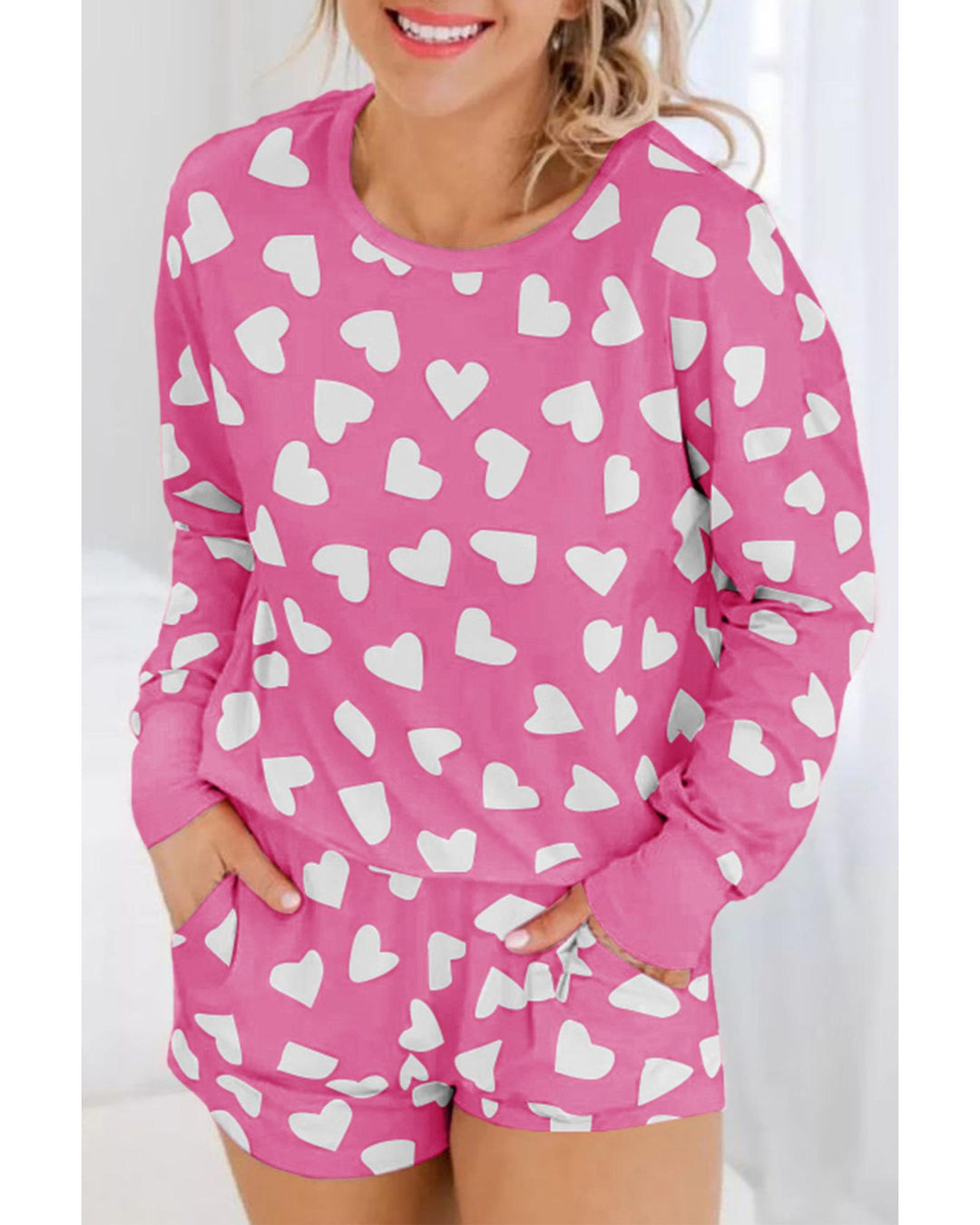 Pink Valentine Heart Shape Print Long Sleeve Top Shorts Lounge Set - XL