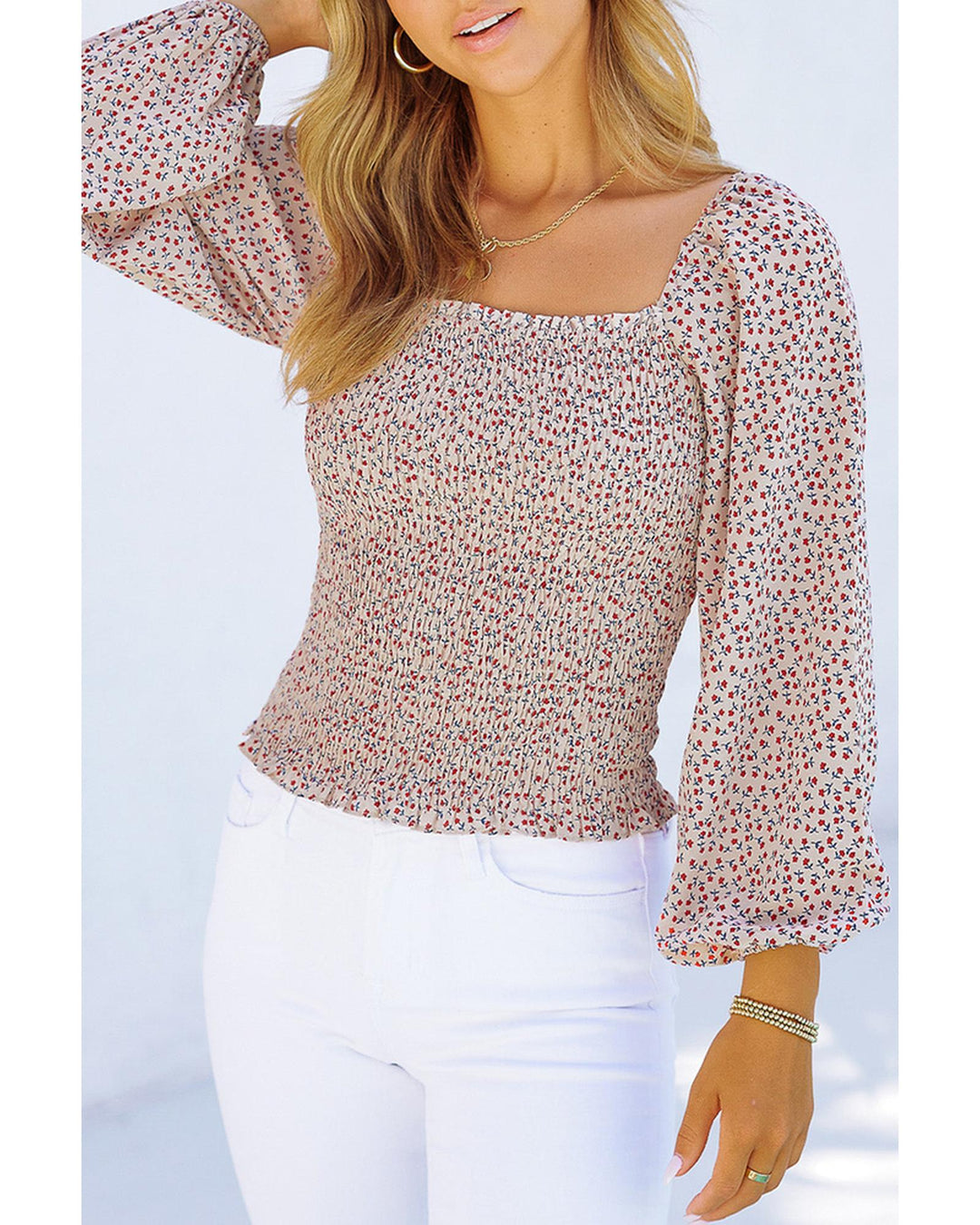 Azura Exchange Puff Sleeve Floral Smocked Top - M