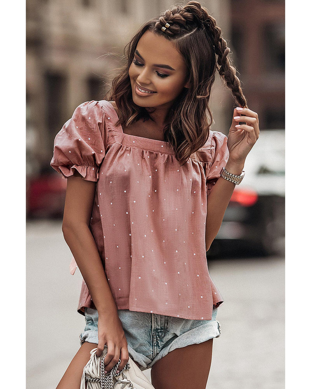 Azura Exchange Dotted Print Puff Sleeve Blouse with Tie Back - L