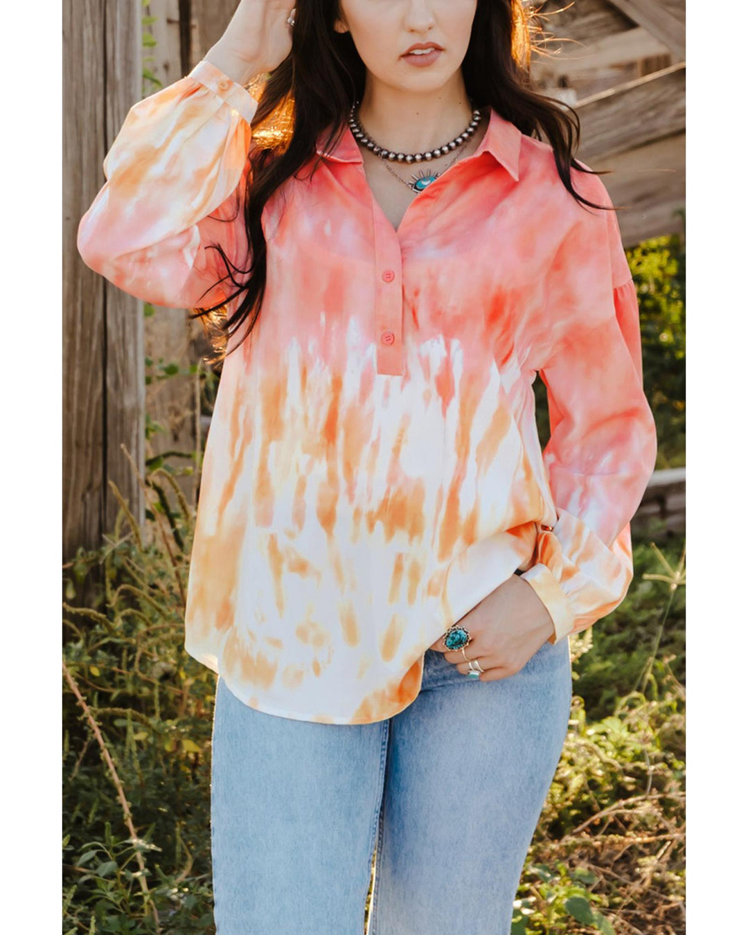 Azura Exchange Print Lace-up Buttoned Henley Top - S