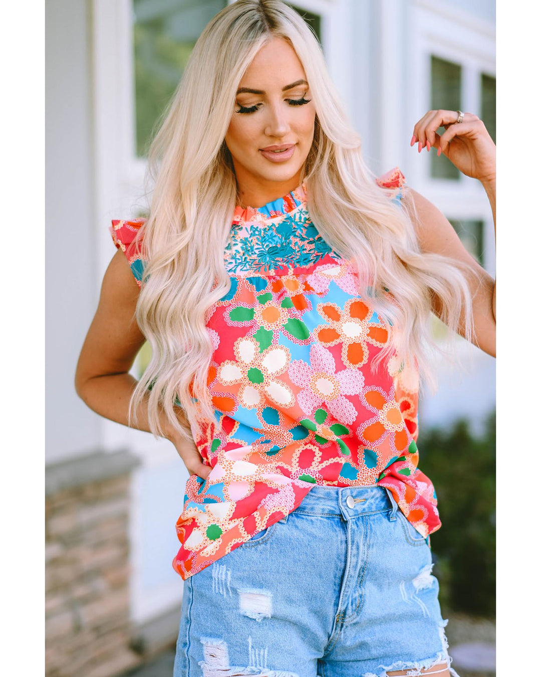 Pink Embroidered Detail Floral Print Ruffle Trim Tank Top - S