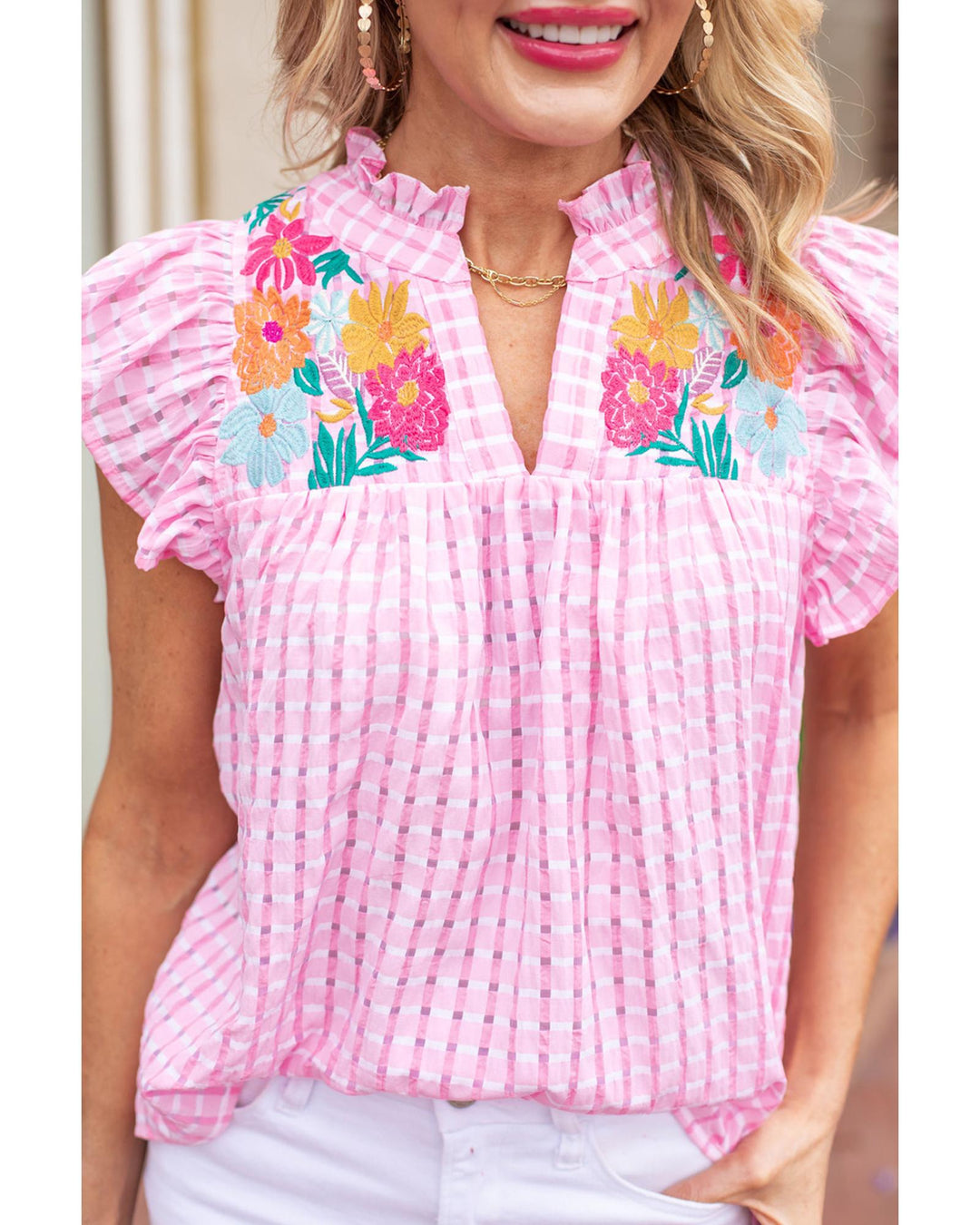 Azura Exchange Check Ruffle Sleeves Blouse with Floral Embroidery - L
