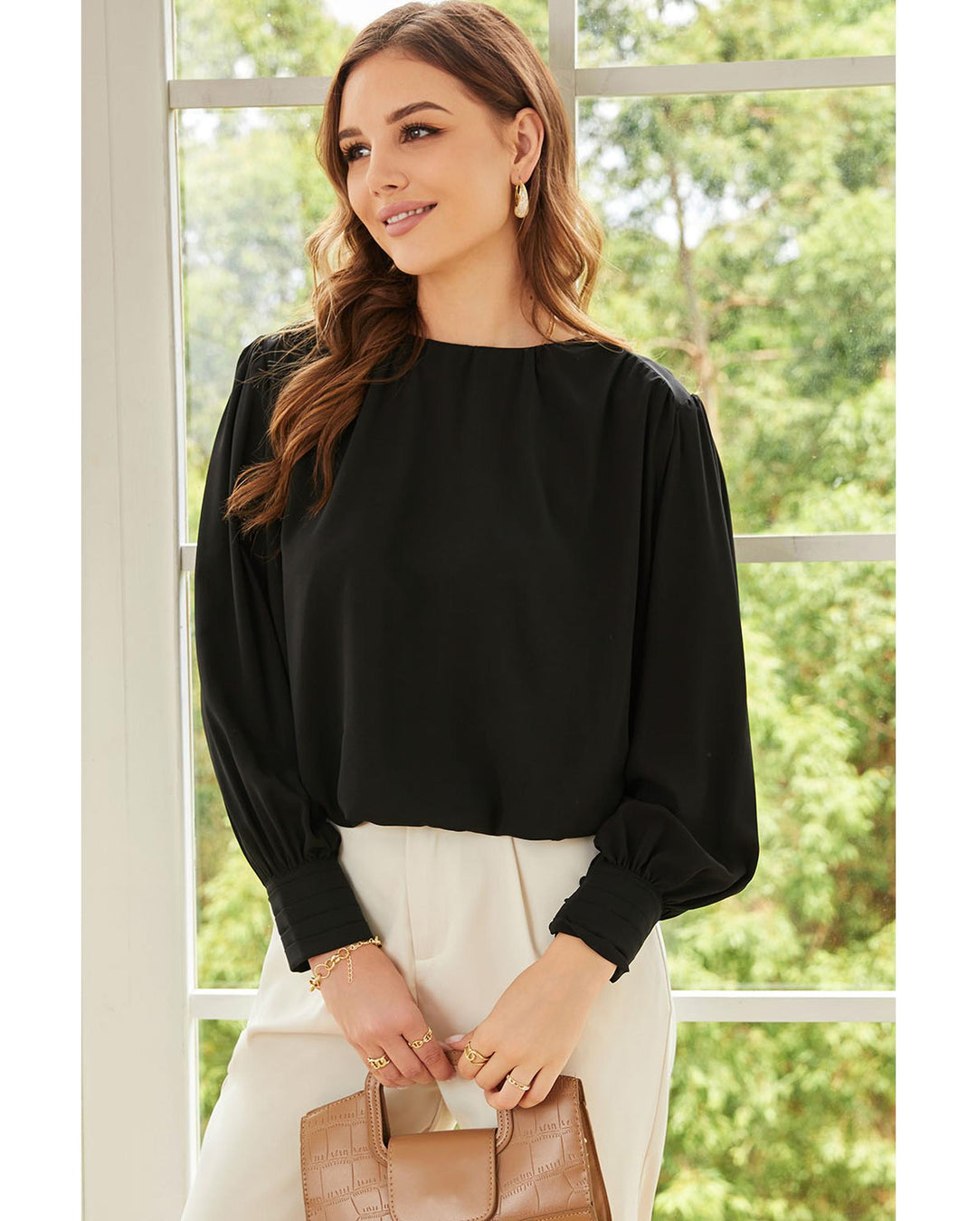 Black Padded Shoulder Buttoned Cuffs Pleated Loose Blouse - L