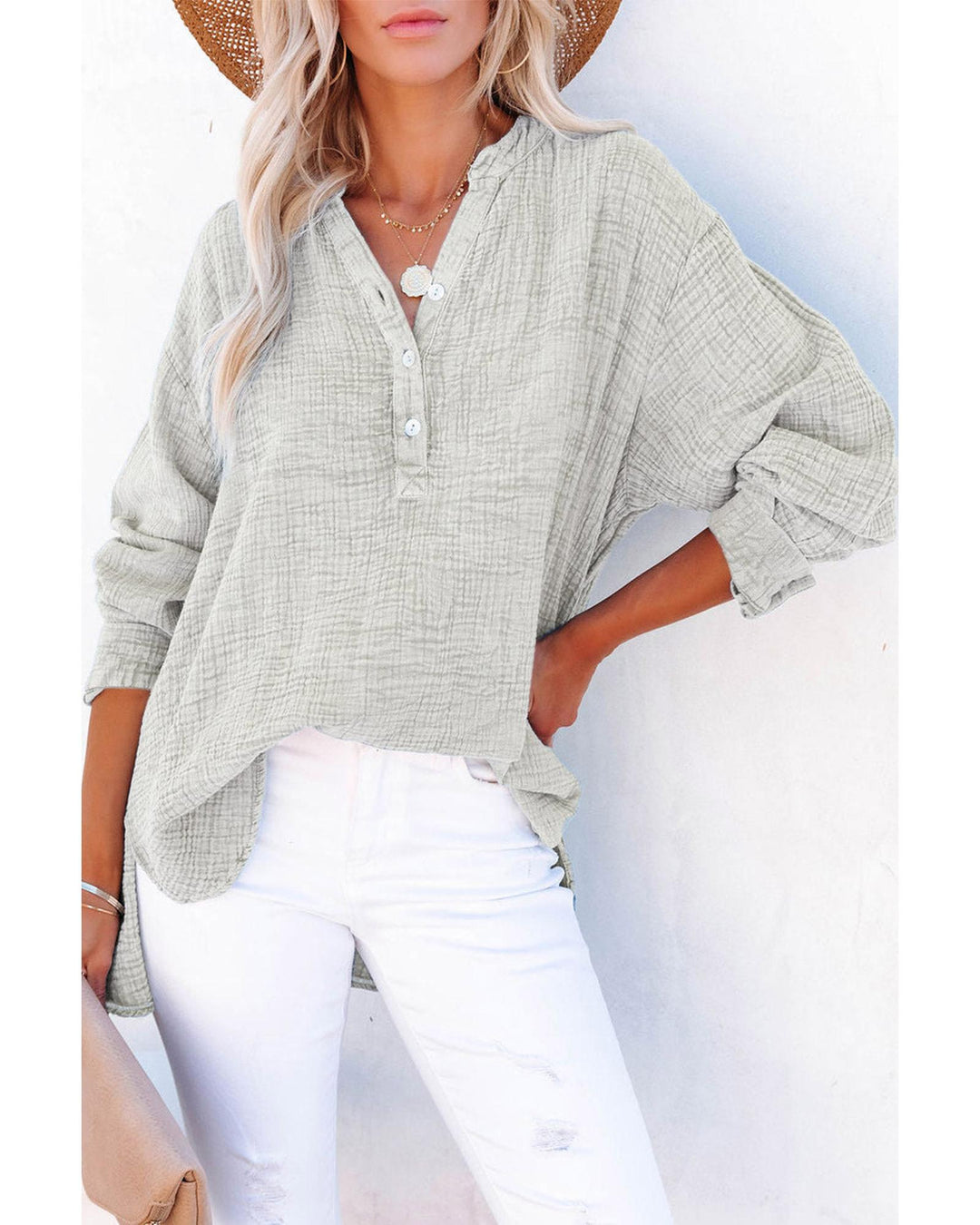Azura Exchange Crinkle Textured Loose Henley Top - M