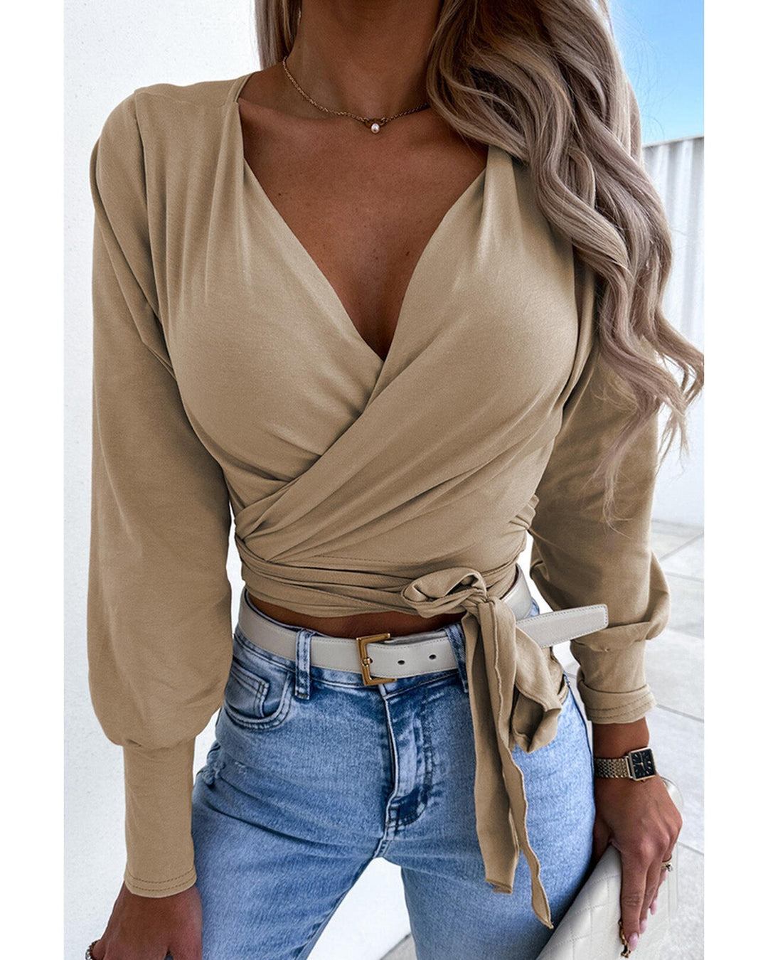 Azura Exchange V-Neck Lantern Sleeve Wrapped Knot Top - XL