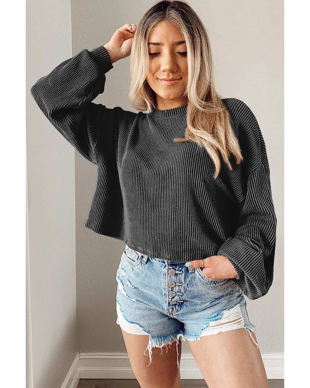 Black Cording Drop Shoulder Puff Sleeve Casual Long Sleeve Top - L