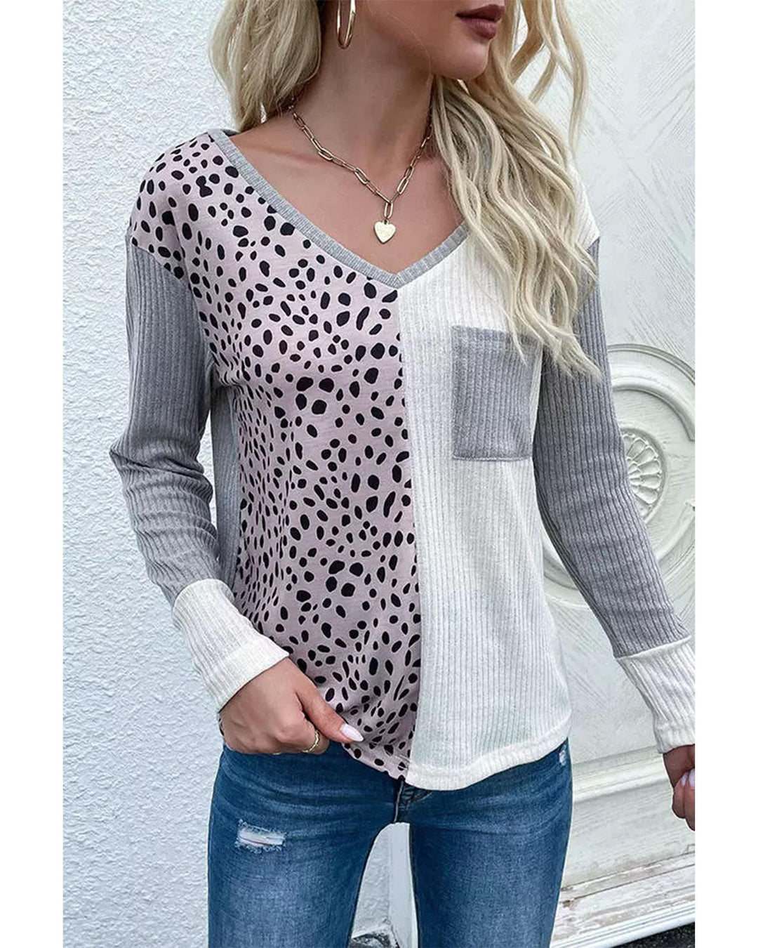 Leopard Patchwork Ribbed Color Block V Neck Top - L