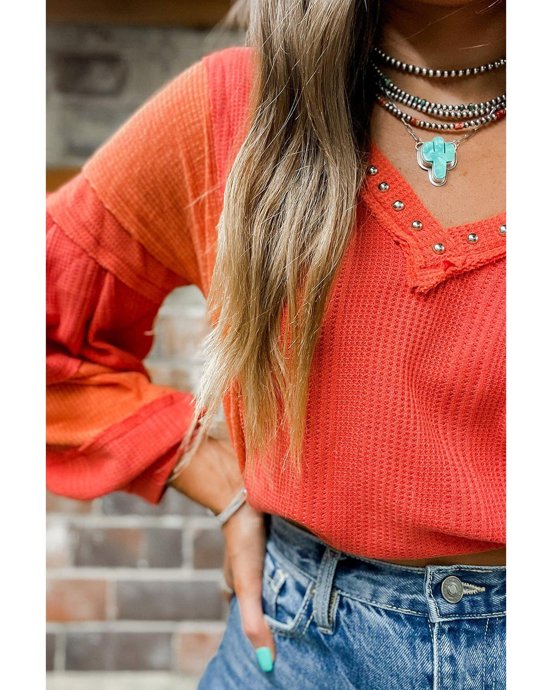 Red Studded V Neckline Exposed Seam Textured Knit Top - XL