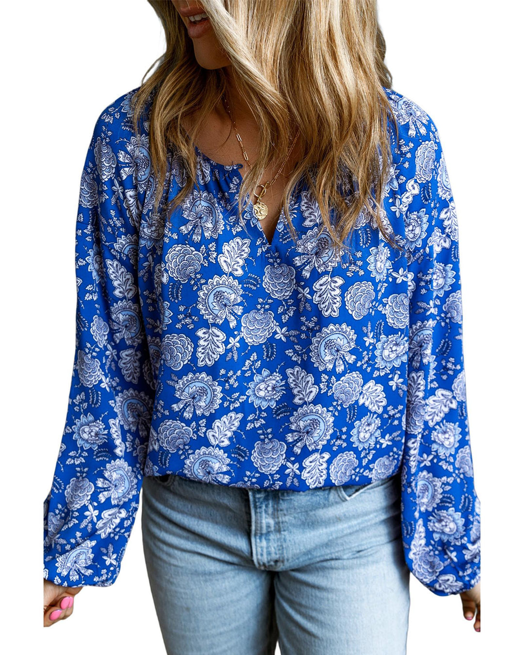 Blue Floral Notched V-Neck Long Sleeve Blouse - M