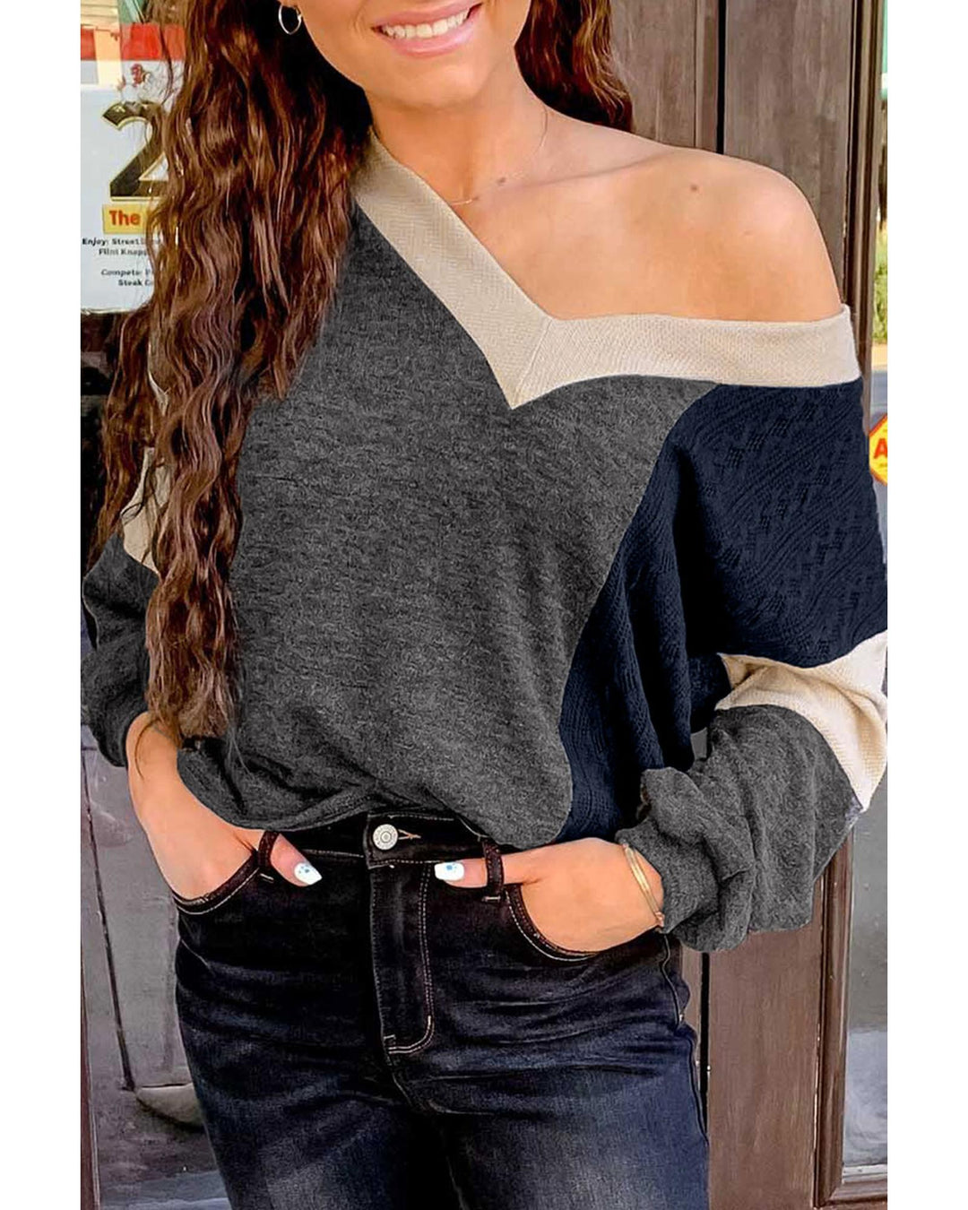 Black Brushed Contrast Knit V Neck Colorblock Long Sleeve Top - M