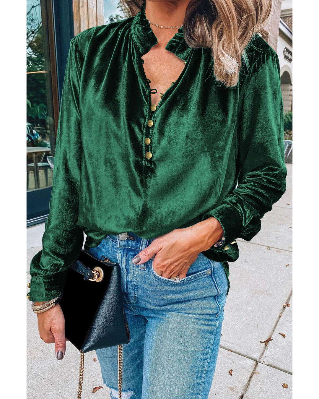 Blackish Green Frilled Neck Buttoned Front Velvet Top - L