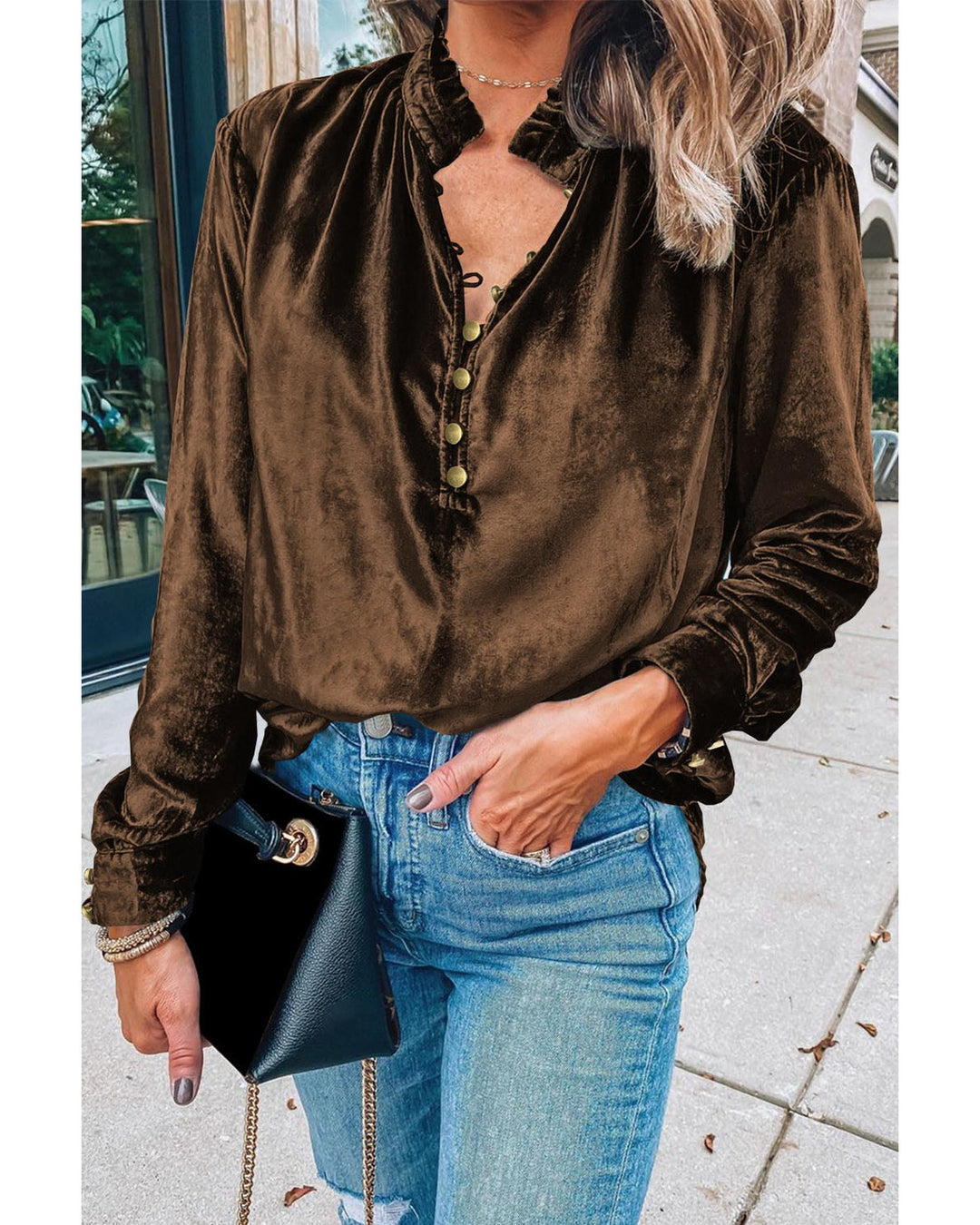Desert Palm Frilled Neck Buttoned Front Velvet Top - S