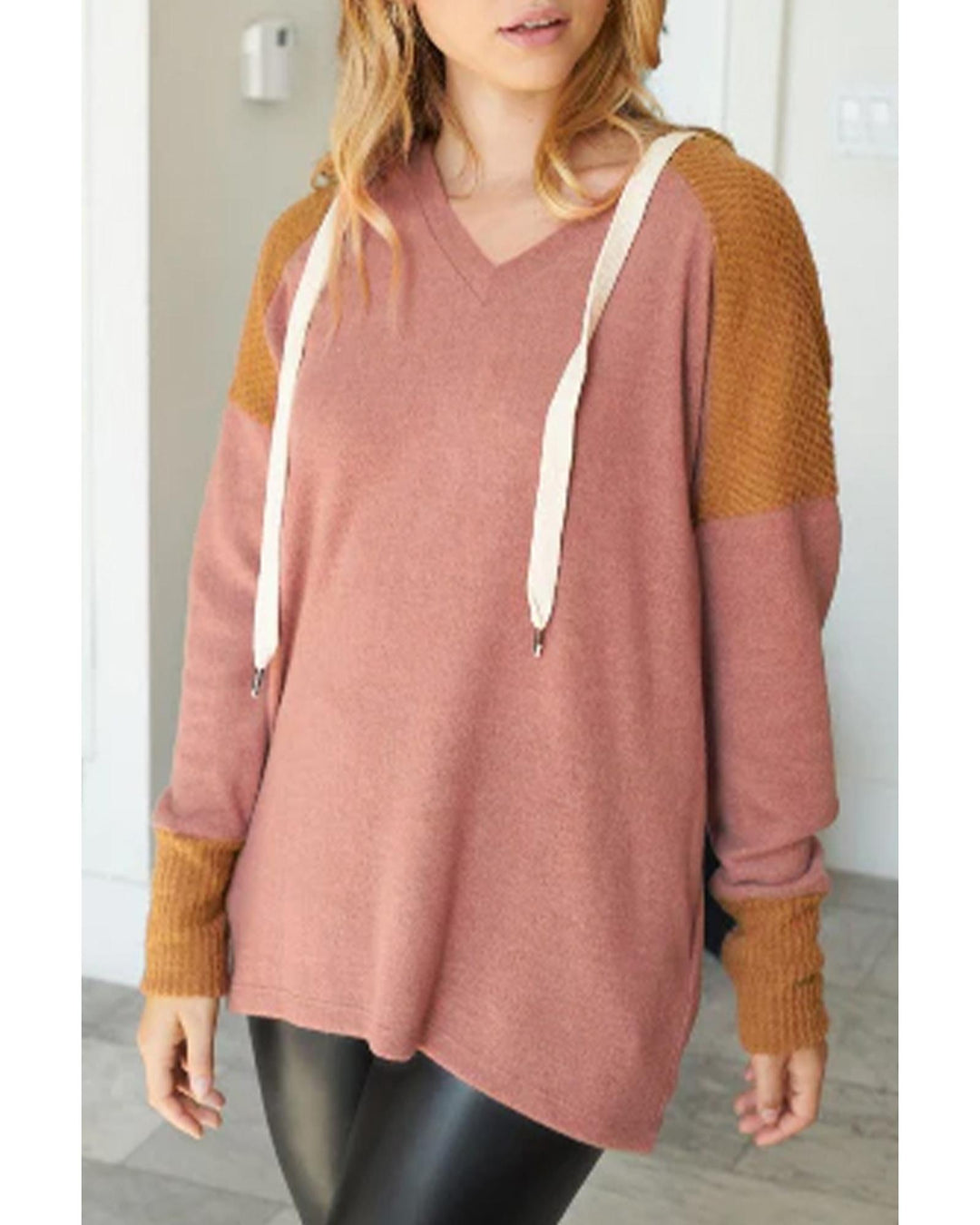 Brown Waffle Knit Patchwork Drawstring V Neck Hoodie - XL